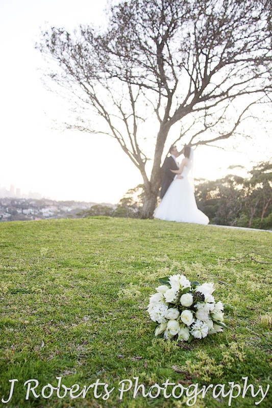 Bride and groom kissing under a tree - wedding photography sydney